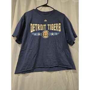 Majestic Detroit Tigers MLB History Graphic Shirt Blue Baseball Raw Hem Y2K